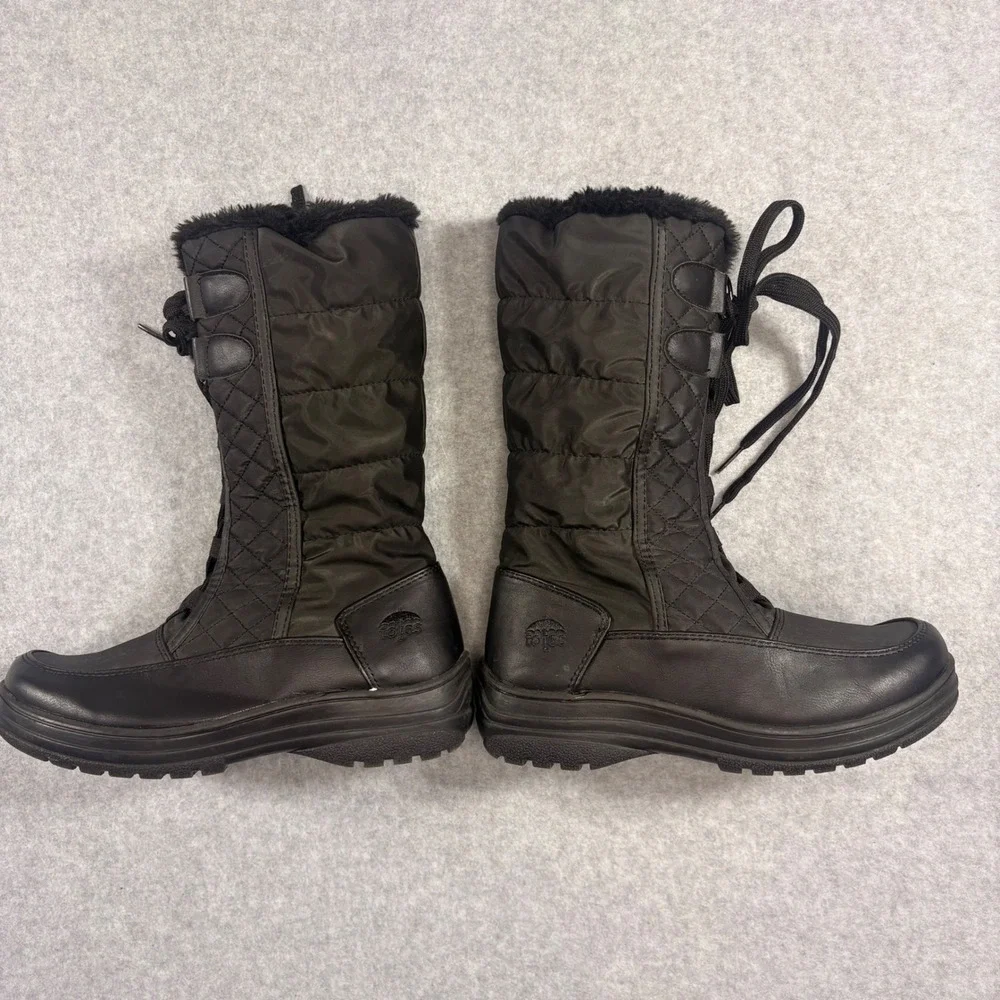 Totes Jami Black Quilted Tall Winter Boots Faux Fur Trim Lace Up Zip Womens 6.5W